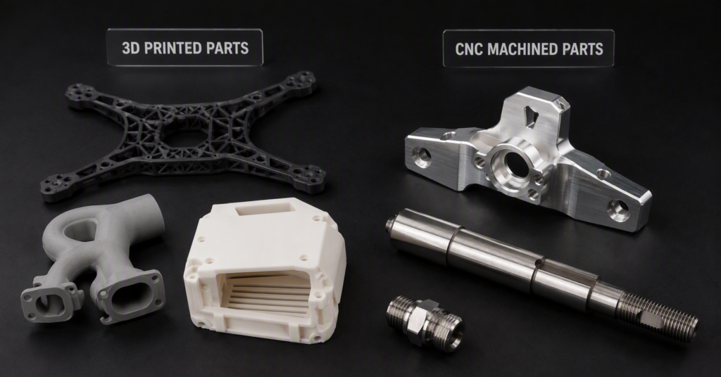 Side-by-side comparison of 3D printed parts and CNC machined parts